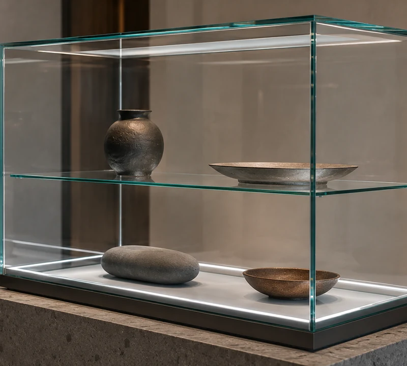 Custom glass display assembled with UV-bonded joints