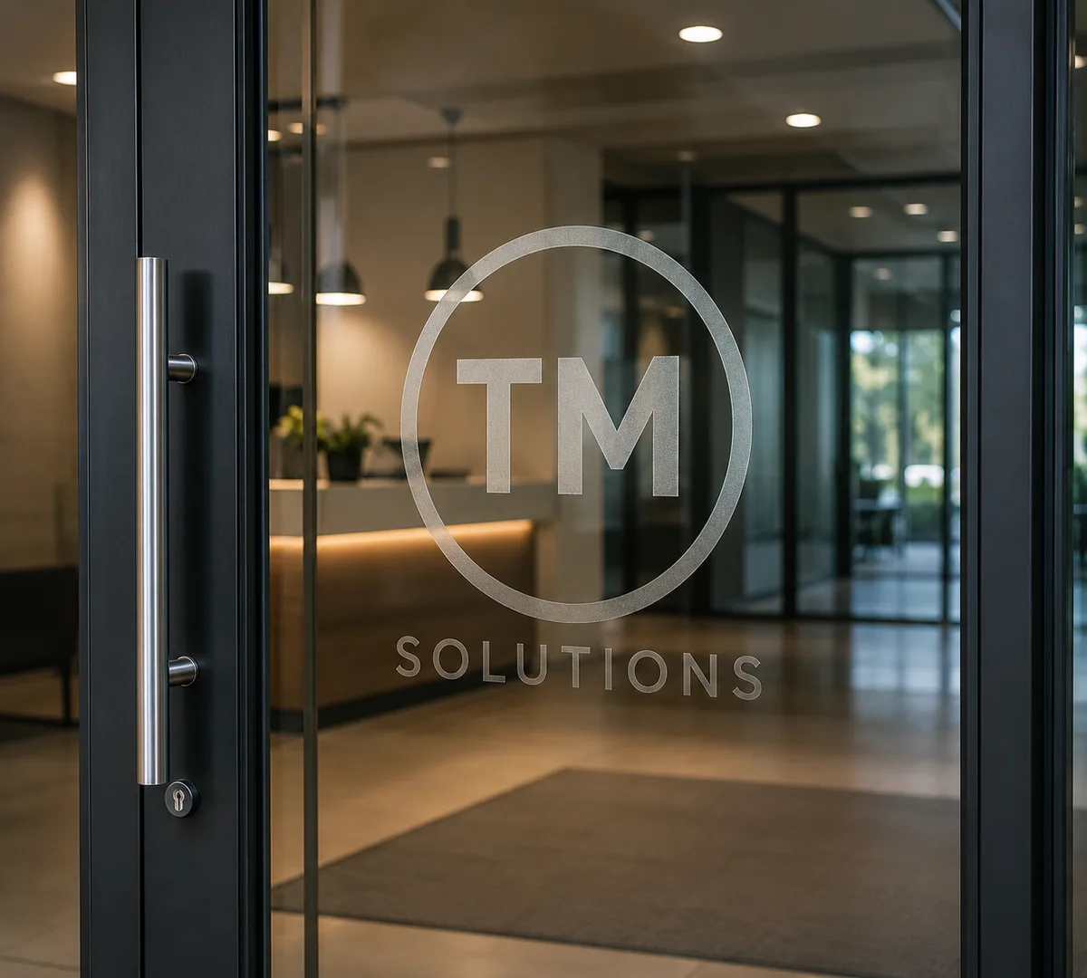 Etched company logo on a glass front door