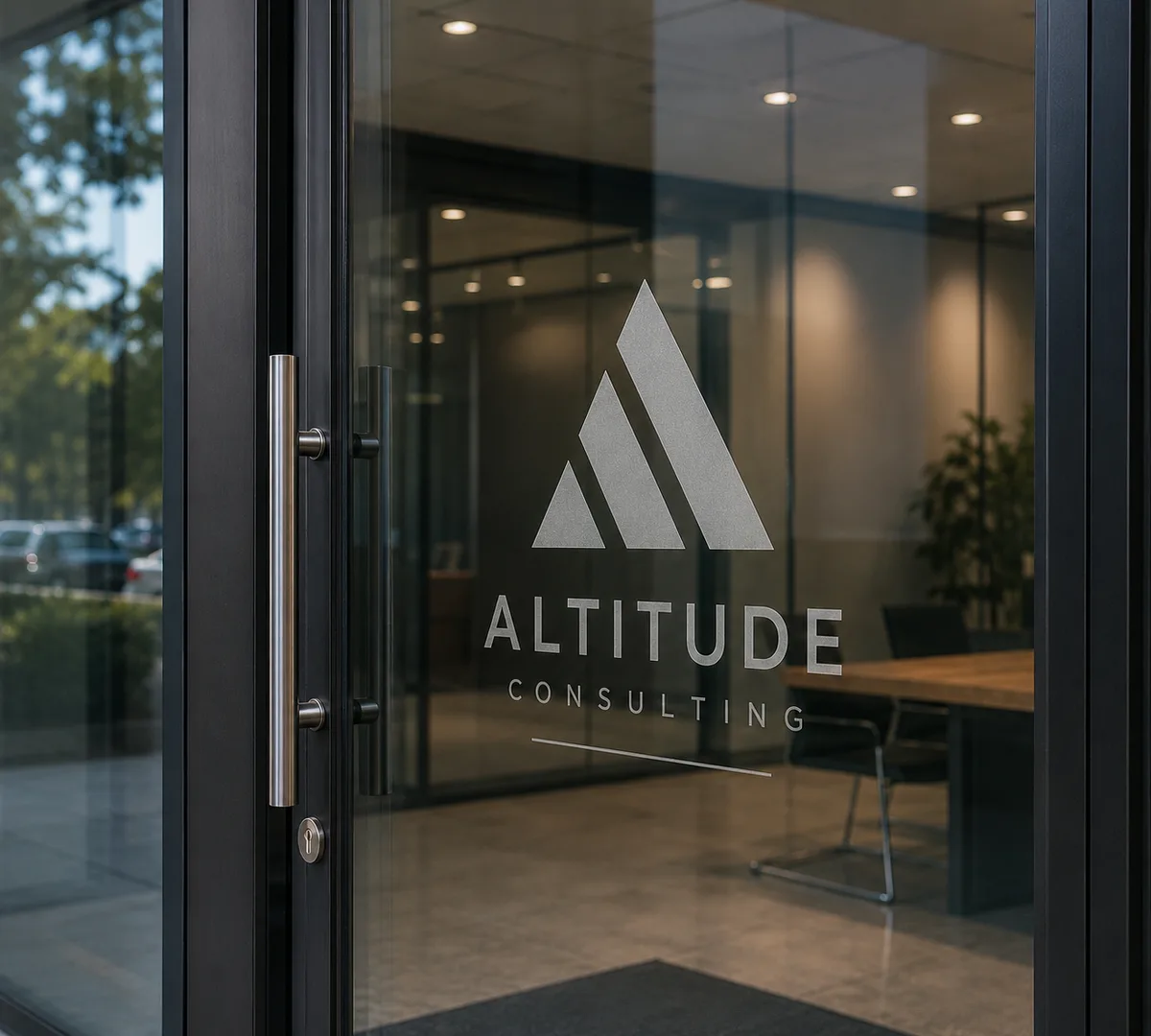 Vinyl company logo on a glass entrance door
