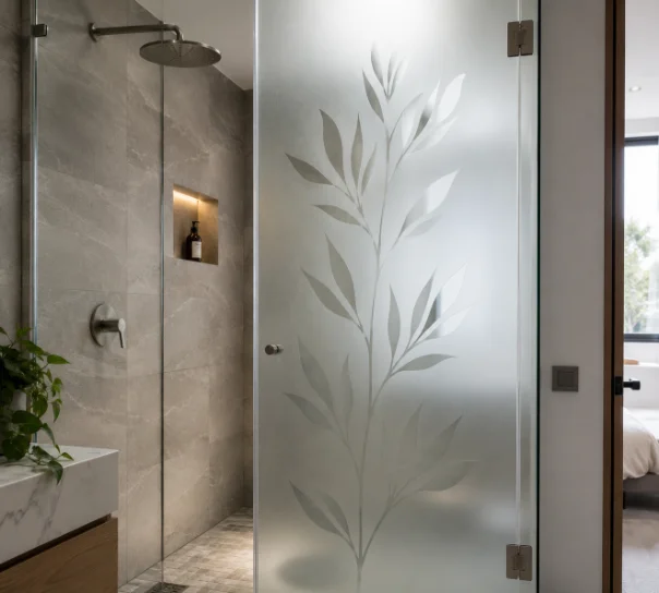 Sandblasted residential shower glass panel