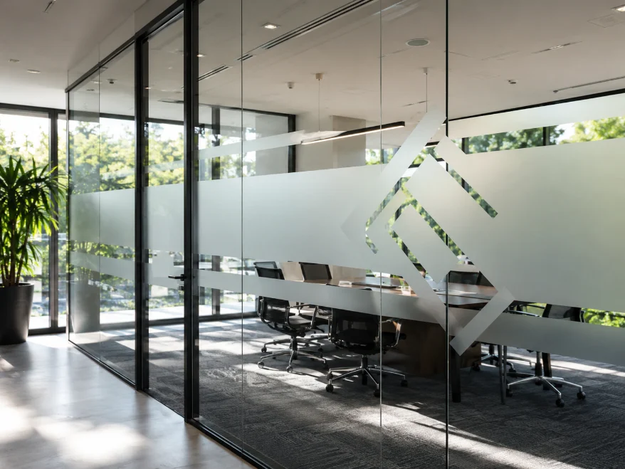 Modern office glass wall with frosted logo vinyl
